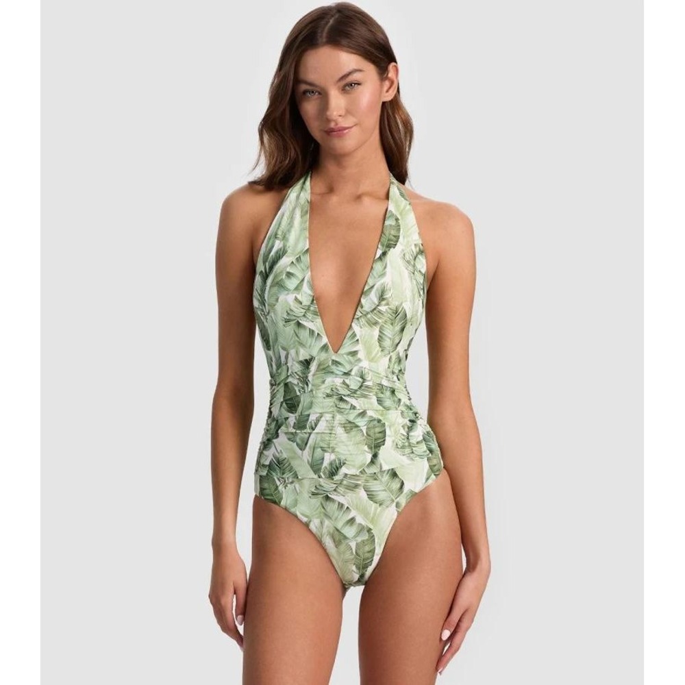 $216 NEW Alice + Olivia PQ Swim Halter One Piece Floral Palm Green S